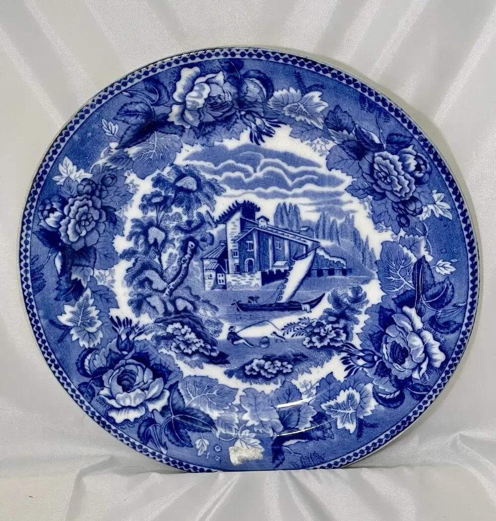 Lovely Antique Wedgwood 'Landscape' Blue Rose Border' Plate C 1889+